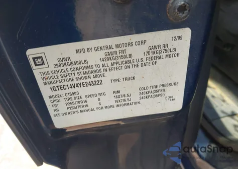 2000 GMC Sierra 1500 Sl from USA, damaged, VIN 1GTEC14V4YE243222